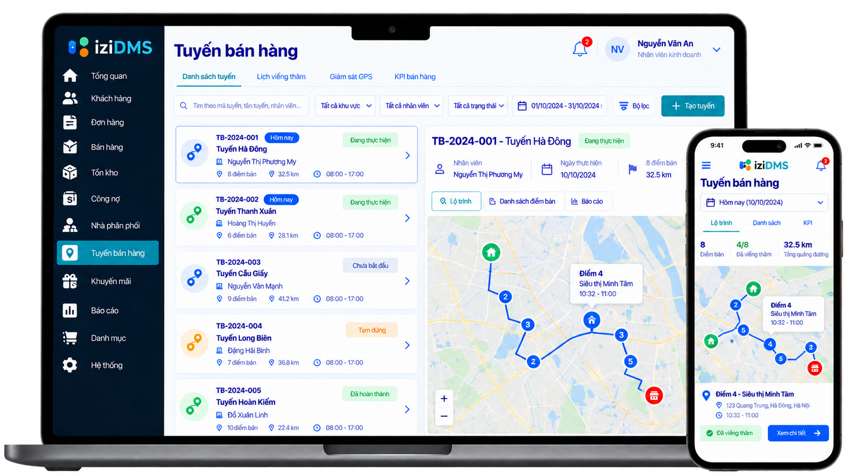 Ảnh minh hoạ tuyến bán hàng và viếng thăm trong iziDMS